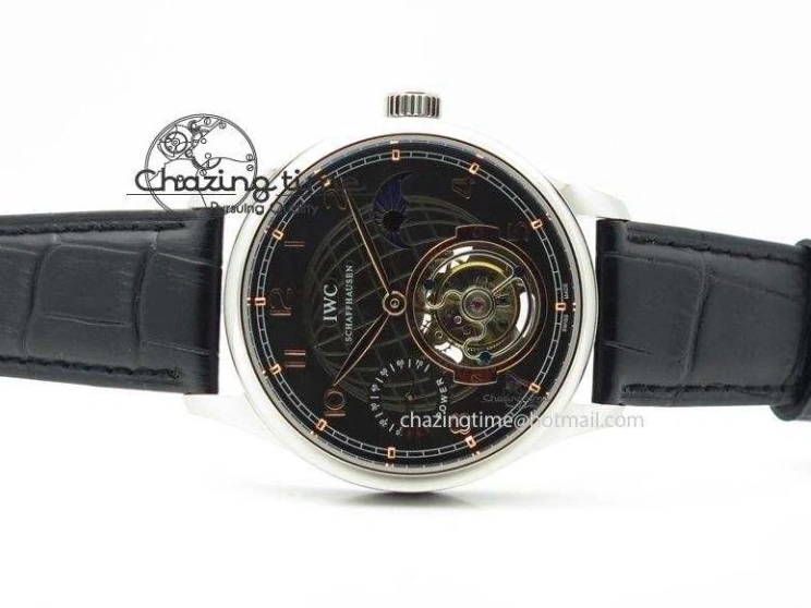 MIROTIME 0428 Portuguese Tourbillon Power Reserve Moonphase SS Black Dial Gold Numbers On Black Leather Strap RelaxedFit 7320